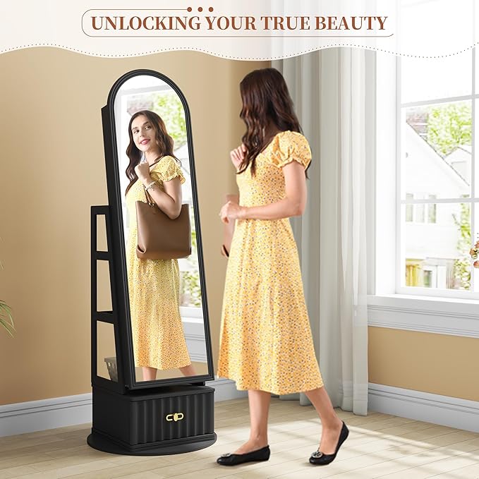 63" Full Length Mirror Jewelry Cabinet with Storage – Rotating, Lockable Jewelry Armoire with Velvet Lining, Standing Organizer for Women – Ideal Gift for Jewelry Storage & Display, Black
