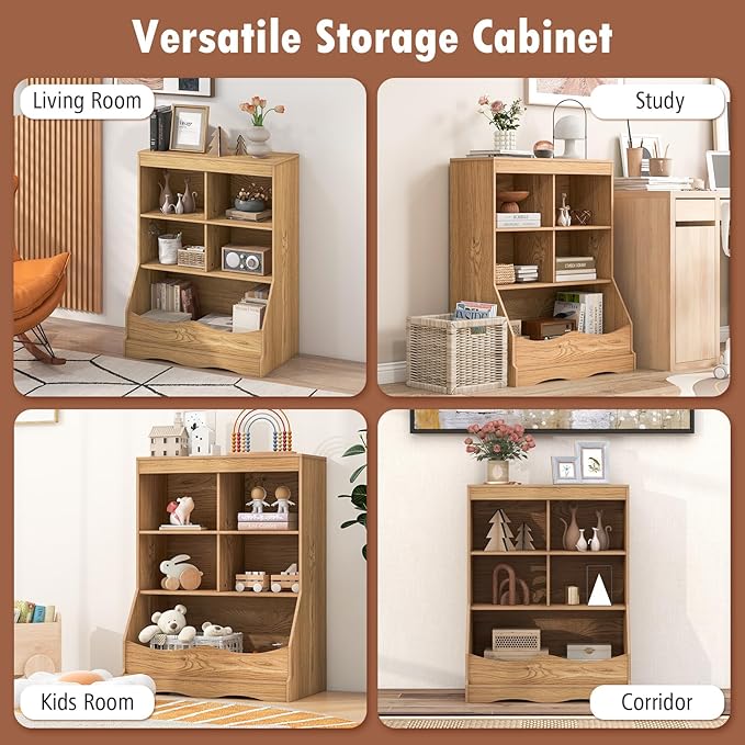 Storage Organizer, Small Bookcase w/ 4 Open Cubes & 1 Bottom Compartment, Anti-Tipping Device, Foot Pads, Low Cube Bookshelf for Bedroom, Living Room, Playroom, Study, Small Spaces (Natural)