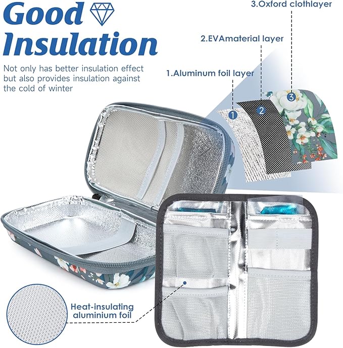 YOUSHARES Insulin Cooler Travel Case - Diabetic Insulated Organizer Portable Cooling Bag for Medication Cooling Insulation, Insulin Pen Case with 2 TSA Approved Cooler Ice Pack (Grey Gamellia)