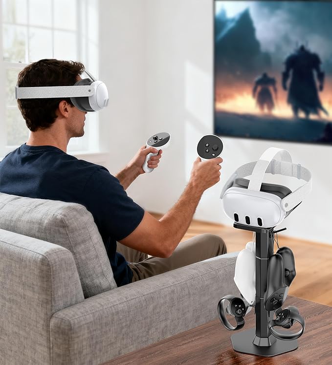 Headphone & Controller Stand with VR Headset Holder for Desk, Universal Gaming Controller & Headset Holder for PS5/Xbox/PSVR2/Meta Quest Pro/3/2, Headphone/Controller/VR Storage with Cable Organizer
