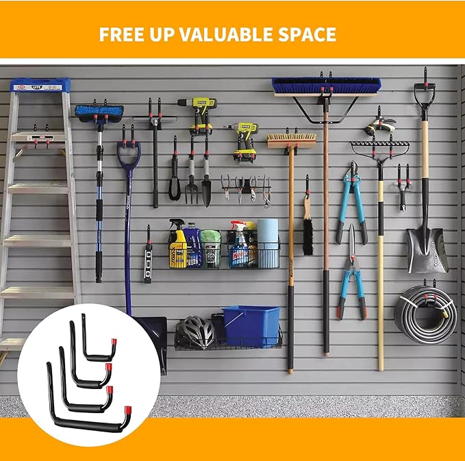 6 Pack Garage Hooks Heavy Duty, Utility Steel Hooks with EVA Foam Padding, 15inch Wall Mount J Organizer Hanger for Hanging Bikes Kayak Garden Tool Hose Bike Shelf