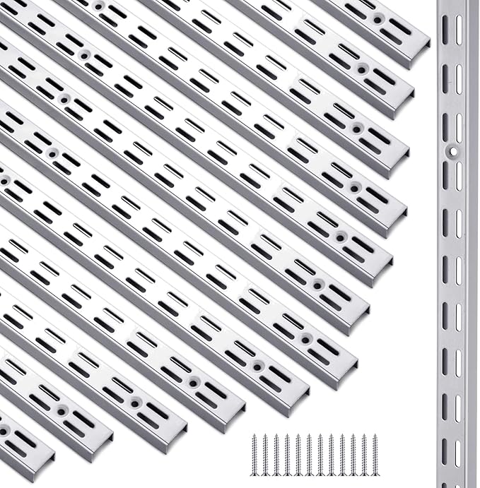 12 Pack 47 Inch Dual Track Upright Wall Shelving System Shelf Bracket Twin Slot Shelf Rail Twin Track Upright Heavy Duty Support System for Pantries, Linen Closets, Laundry Rooms (Silver)