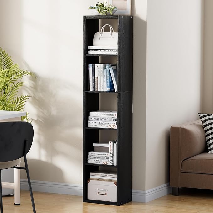 Tall Cube Storage Organizer Bookcase, 5 Tier 11 inch Open Back Cubical Shelf with Thickened Border, Display Bookshelf for Living Room, Home Office, Sturdy Room (Black, 5 Cube,Vertical)