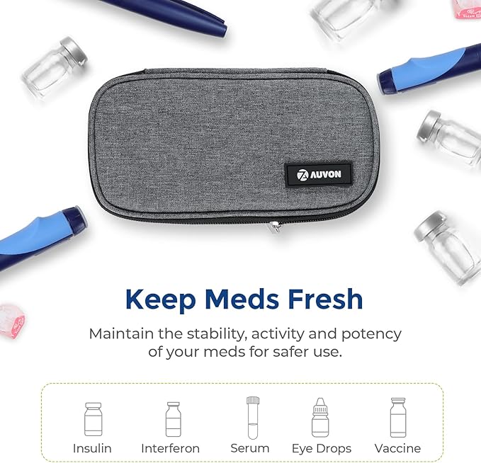 AUVON Portable Insulin Cooler Travel Case, Insulated Diabetic Bag with 2 x 160g Ice Packs for 6-8h Cooling Time, Medication Cooler Bag for Insulin Pens and Blood Glucose Monitor Supplies