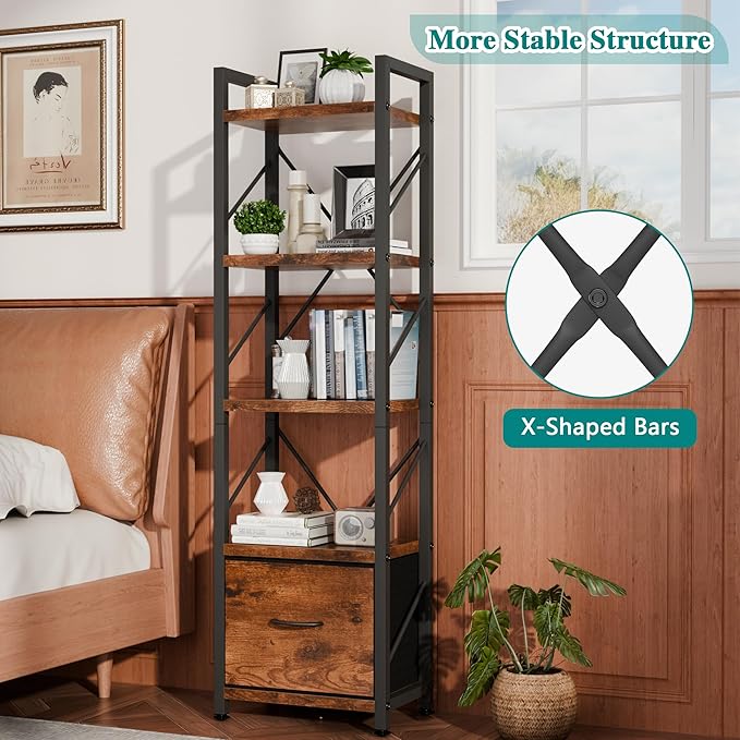 Vongrasig 5 Tier Bookshelf with Drawer, Industrial Tall Narrow Bookcase, Display Shelf Modern Wood and Metal Bookshelves, Free Standing Storage Organizer for Office, Living Room