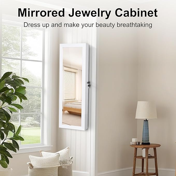 Mirror Jewelry Organizer, Wall/Door Mounted Jewelry Armoire with Full-Length Mirror,Hanging Jewelry Cabinet with LED Interior Lights, White