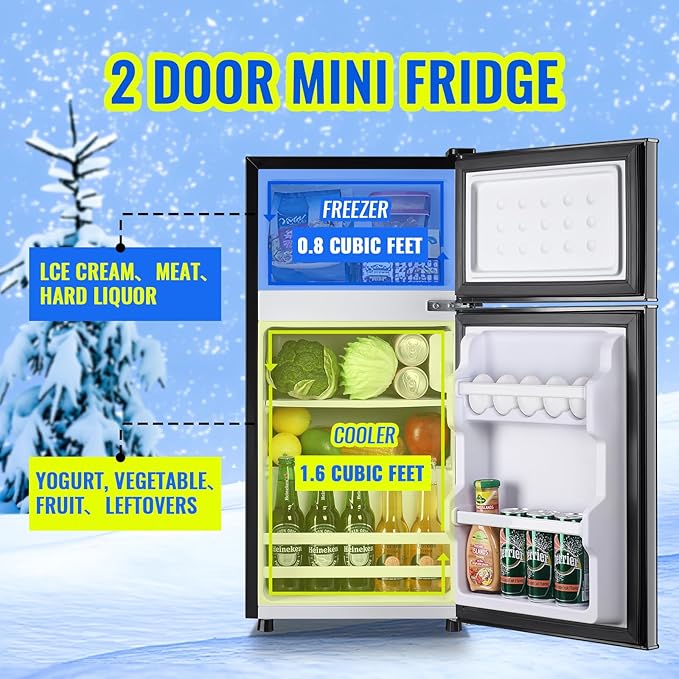 2.4 Cu.ft Mini Fridge Dual Door Small Refrigerator with Freezer Apartment Size Fridge for Personal Senven Temp Gear Black