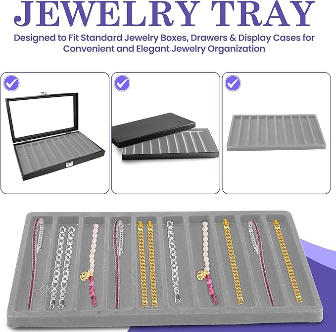Novel Box 5 Pack 10-Slot Gray Liner Jewelry Storage Tray Inserts 14.75x8.25x1 Inches - Jewelry Organizer Pad for Drawers & Store Displays - Jewelry Display Pads for Necklaces Bracelets & Chains