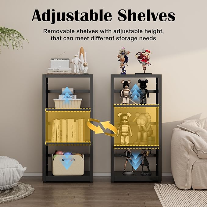 Narrow Bookshelf,3 Tier Bookcase,34" Black Metal Small Bookshelf with Adjustable Feet and Adjustable Shelves,Home Office Bookcase Shelf Storage Organizer for Living Room、Kitchen