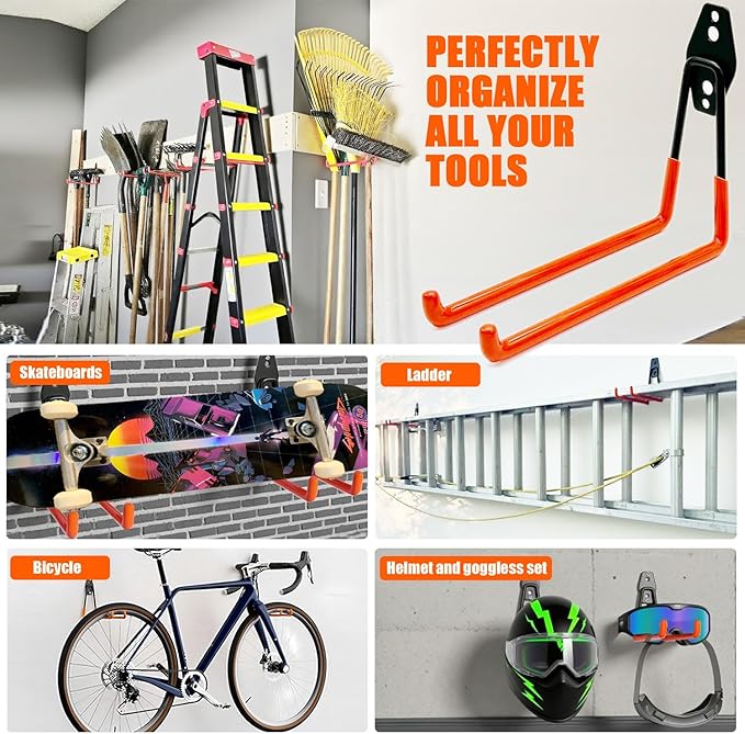 Heavy Duty Garage Storage Hooks, 4 Pack Utility Steel Garage Tool Organizer Wall Mount for Hanging Power and Garden Tools Ladders Hoses Bikes Ropes & Bulk Items