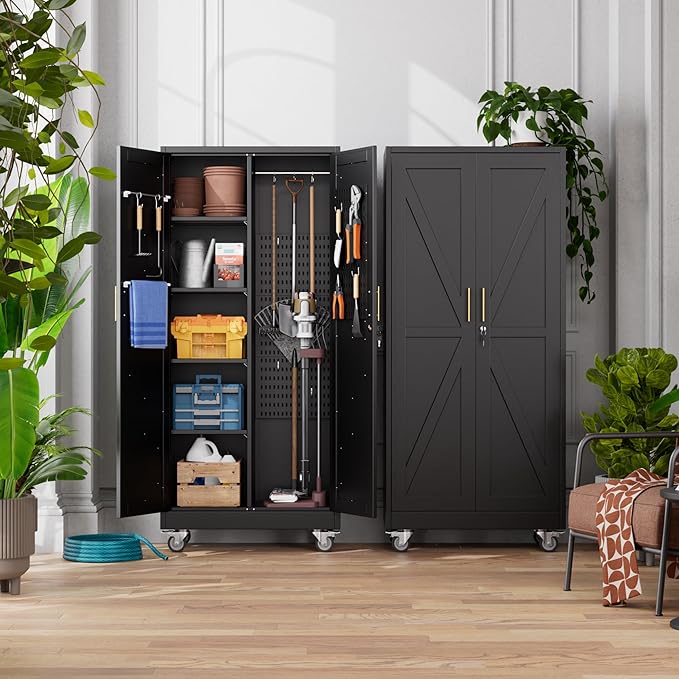 Aobabo Broom Closet Storage Cabinet with 4 Shelves, Garage Storage Cabinet with Wheels and Pegboard and Metal Hooks, Hanging Rod for Brooms and Mops,Kitchen Pantry, Black, Assembly Required