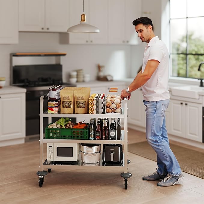 uyoyous 3 Tier Stainless Steel Utility Cart Commercial Serving cart with 360°Rotation Wheels Kitchen Island Load Up 400 lbs Stainless Steel Work Cart for Hotel Restaurant Home 30" L x 16" W x 33" H