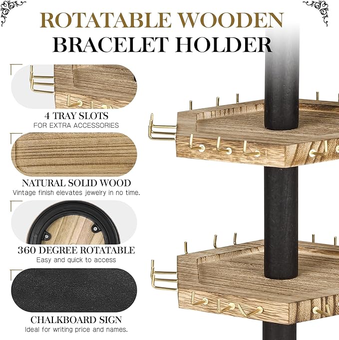 LadyRosian 3-Tier Wooden Rotating Jewelry Display Stand | Bracelet & Keychain Organizer with Advertising Board | 54 Hooks Rustic Holder for Vendor Booth & Stores (3-Tier Round Hexagon)