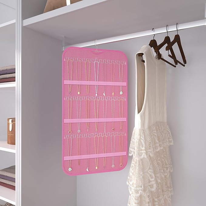 Hanging Jewelry Organizer Storage, 40 Pockets 36 Hooks Necklace Earring Necklace Bracelet Ring Organizer, Double - Sided Design, Pink