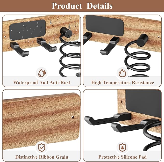 Tindbea Hair Dryer Holder Curling Iron Holder, Blow Dryer Holder Wall Mount, Bathroom Hair Tool Organizer Rack for Universal Dryer, Sapele Wood Matte Black