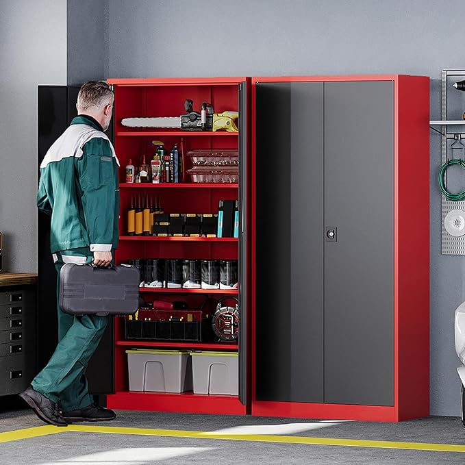 Letaya Metal Storage Cabinets with Lock, 71" Tall Locker Organizer Steel Cabinets, Adjustable Shelves 2 Doors for Home, Office, Warehouse,Garage,Industrial,Employee Lockers (Style B, Black Red)