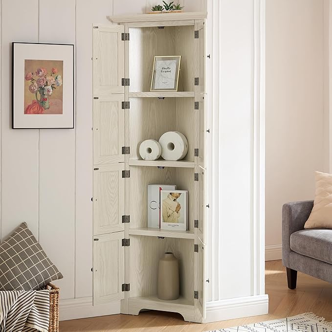 72" H Farmhouse Corner Storage Cabinet with 8 Doors & 4 Shelves, 4 Tier Kitchen Corner Pantry Cabinet Wooden Organizer Case Bookshelf, Home Space Saver Cabinet for Kitchen,Living Room(White)