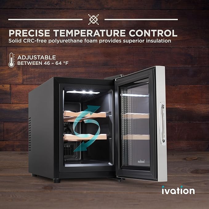 Ivation Premium Stainless Steel 6 Bottle Horizontal Thermoelectric Wine Cooler/Chiller Counter Top Red & White Wine Cellar w/Digital Temperature, Freestanding Refrigerator Quiet Operation Fridge