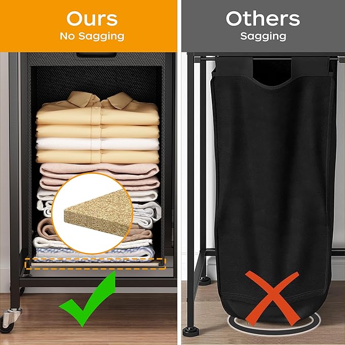 HOMEIJU Laundry Basket with Wheels, Rolling Laundry Hamper Organizer with Large Desktop, Laundry Sorter with 6 Pull-Out and Removable Laundry Bags, Metal Frame, Rustic Brown and Black