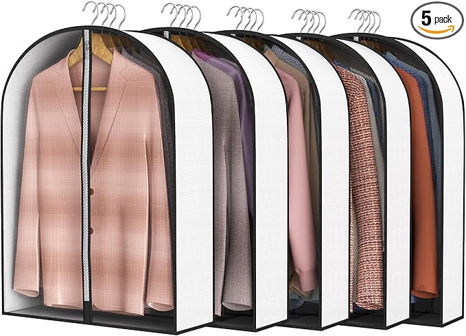 32” Garment Bags for Hanging Clothes 4” Gusseted - with Clear Window, Breathable Fabric, Metal Zipper, Suit Coat Fur Protector for Closet storage, clothes Season Off, Moving, 5 Pack