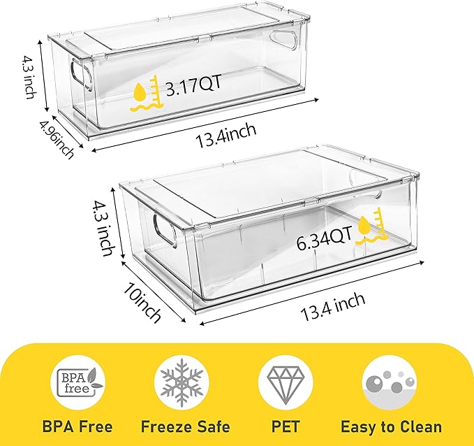 4 Pack Refrigerator Organizer Bins with Pull-out Drawer Stackable Clear Fridge Drawer Organizer Fruit Vegetable Storage Containers for Kitchen Pantry Organization (2 Large+2 Small)