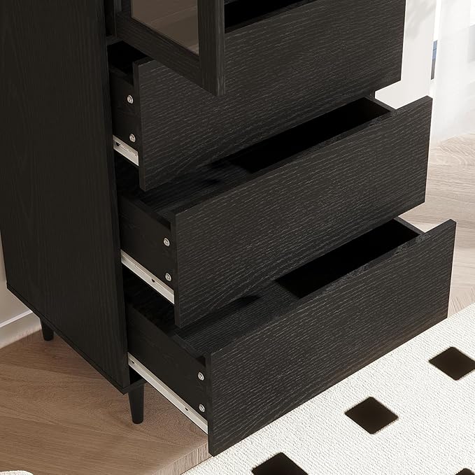 TUSY 70.9“ H Book Shelf with Drawers, 7-Tier Bookcase with Glass Doors, Display Curio Cabinet, Office Storage Cabinet, Narrow Display Bookcase for Home, Office, Clinic, Pantry (Black)