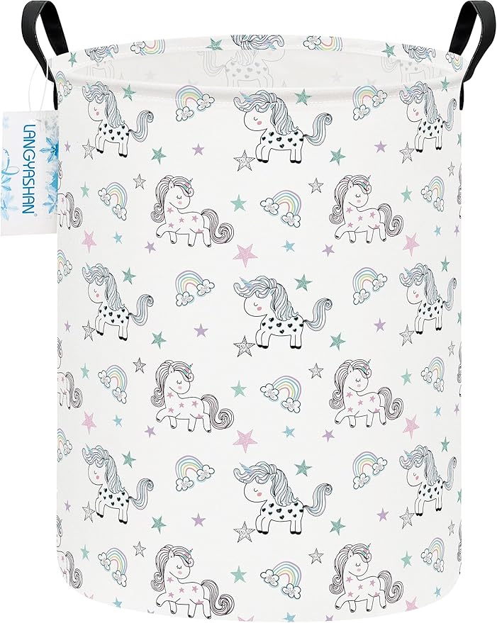 LANGYASHAN Laundry Basket Canvas Fabric Collapsible Organizer Basket for Storage Bin Toy Bins Gift Baskets Bedroom Clothes Children Nursery Hamper (Rainbow Unicorn)
