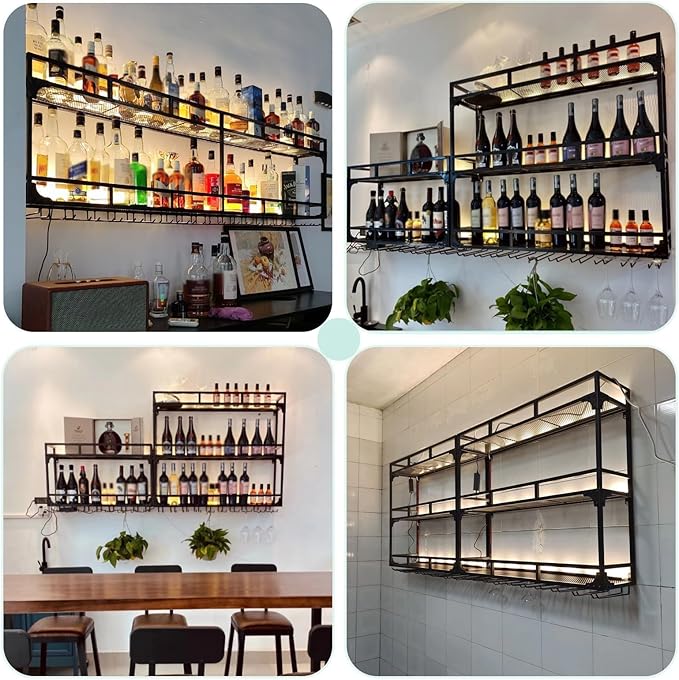 47.2in Wall Mounted Wine Rack, Wine Rack Wall Mounted with Wine Glass Rack, Metal Bar Bottle Display Shelf Wine Cups Hanging Holder, for Home Bar Cafe Decoration (Gold, 47.2 * 10 * 35.5IN)