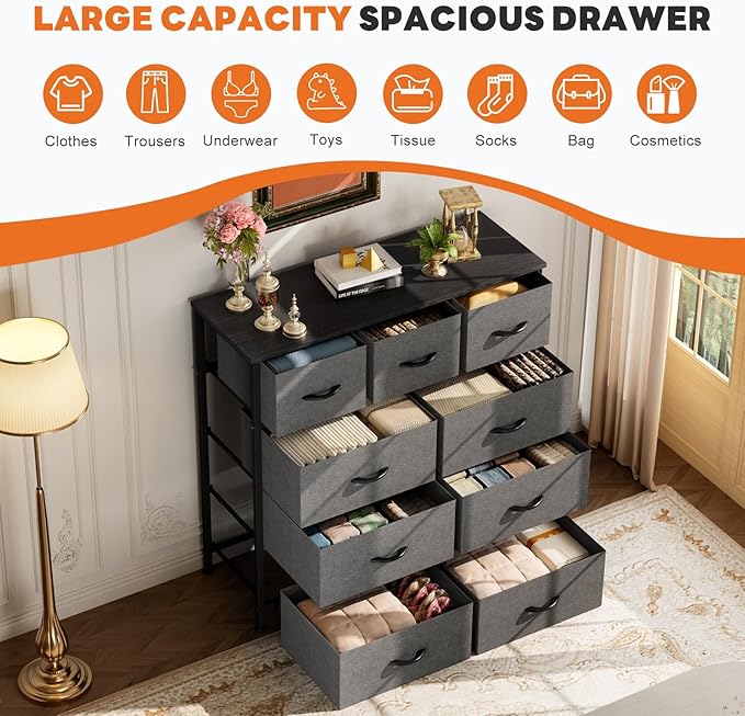 Sweetcrispy 9-Drawer Fabric Dresser Storage Tower with Wood Top and Steel Frame, Organizer Chest with Easy Pull Handles for Bedroom, Closet, Hallway,Modern Gray