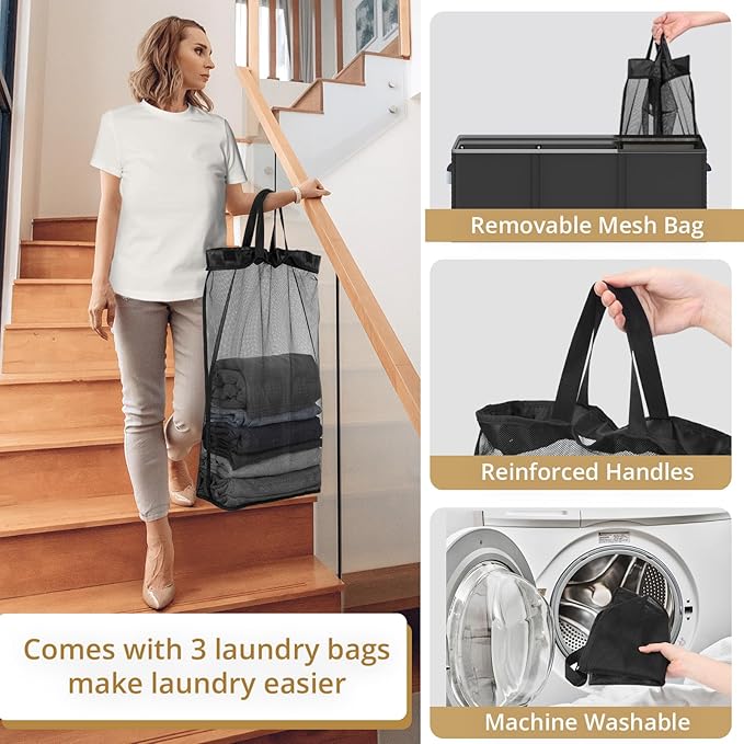 180L Laundry Hamper 3 Section, Large Laundry Basket with Lid, Laundry Basket Organizer with Handles, Black Divided Laundry Baskets, Clothes Hampers for Laundry, Bedroom, Bathroom