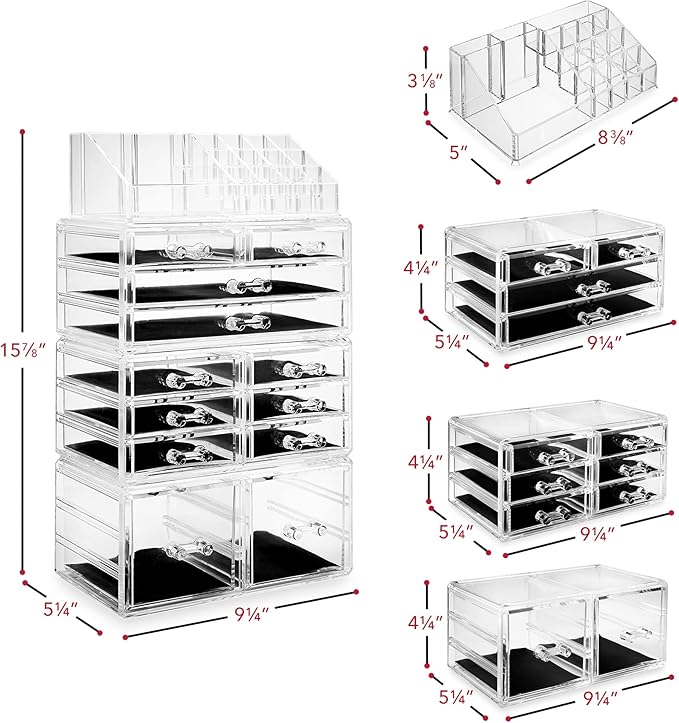 Casafield Acrylic Cosmetic Makeup Organizer & Jewelry Storage Display Case - Large 16 Slot, 2 Box & 10 Drawer Set - Clear