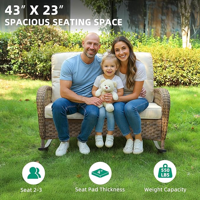 VIVIJASON Outdoor Wicker Loveseat Rocking Chair with Coffee Table, 2-Person Patio Rattan Rocker Sofa Set with Thick Cushions, All-Weather Loveseat Rocker for Porch, Backyard & Garden