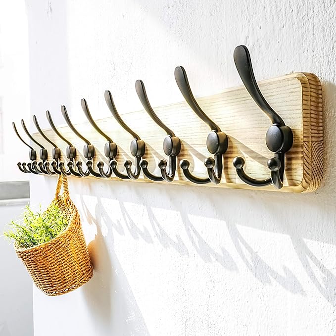 Dseap Coat Rack Wall - Heavy-Duty 38-1/4" Long, with Reinforced 10 Custom Tri-Hooks, Solid Wood Wall Hanger for Coats Hat Jackets - Rustic Farmhouse Entryway Storage, Light Brown & Black, Pack of 2