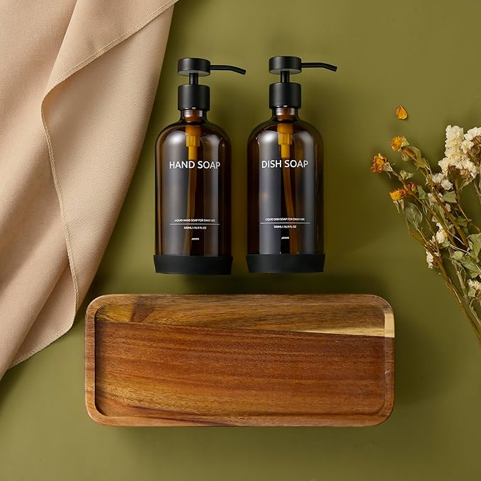 Bathroom Tray for Counter,Vanity Tray,Soap Dispenser Tray for Kitchen Sink, Kitchen and Home Decor (Acacia)
