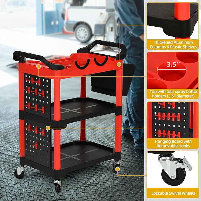 DWVO Auto Detailing Cart with Wheels, 3-Tier Rolling Tool Organizer with 2 Polisher Brackets, 17" D x 32" W Car Wash Utility Cart with Hooks & Hanging Bucket for Garage, Workshop, DIY Home