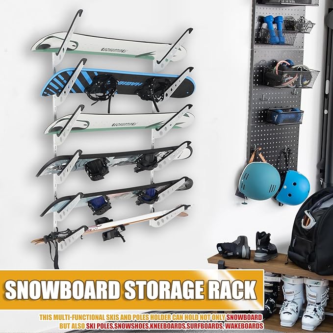 Snowboard Wall Racks, Adjustable Storage Rack for Ski, Surfboard, Wakeboard, Snowboard Wall Mount Display, White/Black
