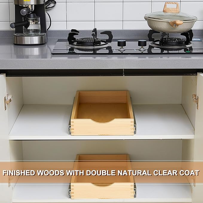 Menkxi 2 Set Pull out Tray Cabinet Organizer Wooden Pull Drawers storage Slide out Pantry Shelf for Base Cabinet Kitchen Gentle Close Fully Assembled Accessories(Wood Color,12'' X 21'' X 3")