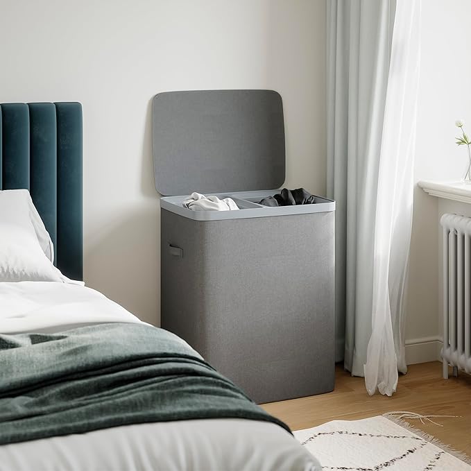 Laundry Hamper with lid, 100L Large Capacity Foldable Laundry Basket with Dual Compartments for Light & Dark Clothes, Removable Bags, Space-Saving, Easy Setup