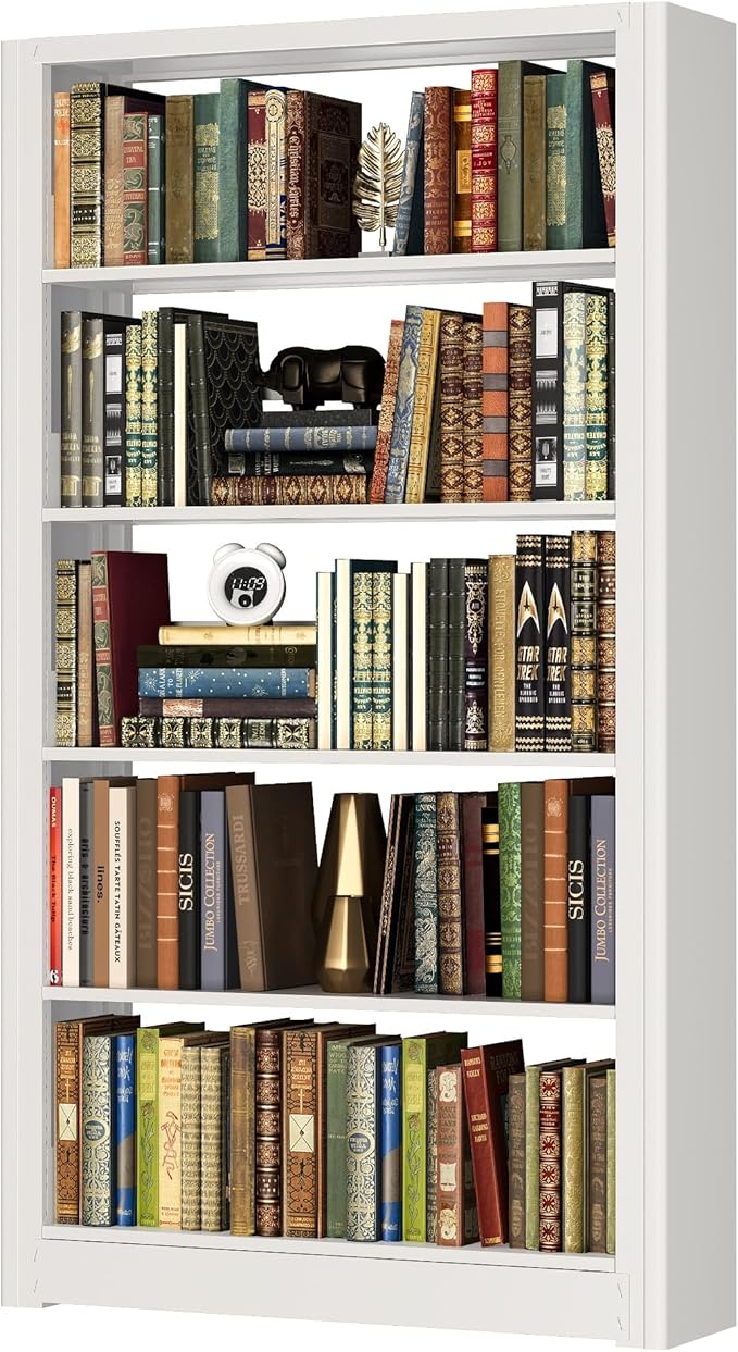 69” Tall Metal Bookshelf, Heavy Duty Bookcase, Modular Book Shelf with Expansion Capability, 5-Tier Adjustable Bookshelves for Heavy Books, Library, Living Room, Office. White