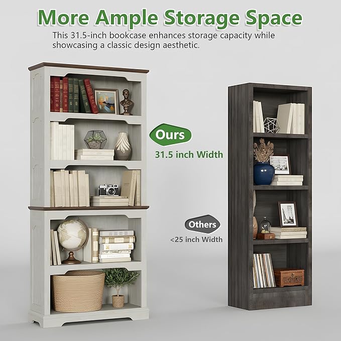 70 Inch Farmhouse Bookcase, Distressed White and Walnut Two-Tone Shelves, 5 Tier Bookshelf with Arched Trim, Living Room Storage Cabinet Unit, 31.5x11.8 Inches (Off White & Walnut, Open Shelf)