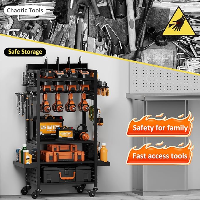Power Tool Organizer Rolling Cart with 8 Charger Outlets, Heavy Duty Mobile Tool Storage Cart, 5 Tier Garage Organizer with Drill Holder, All-in-One Workshop Utility Cart on Wheels