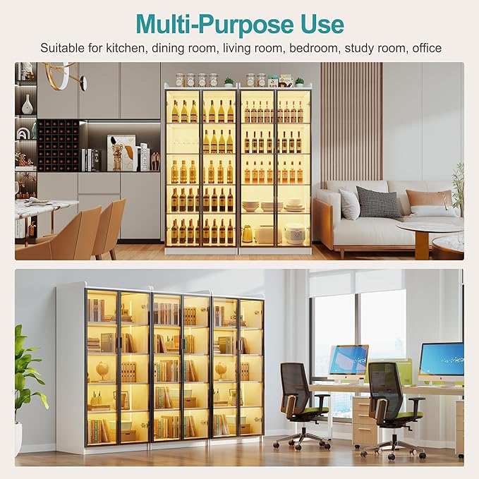 Lvifur 65" LED Display Cabinet with Lights for Living Room, 5 Tier Bookcase with Adjustable Shelves for Office, Tall Storage Cabinet with Human Body Induction for Collectibles (White)