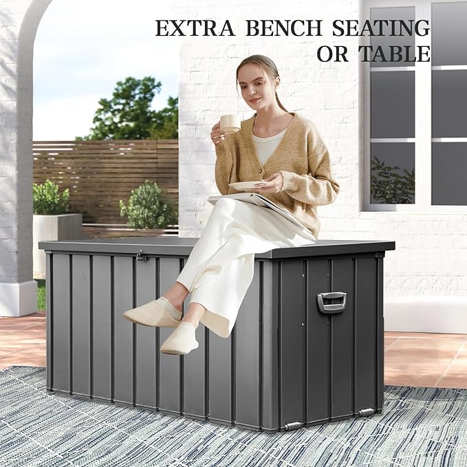 Domi 100 Gallon Deck Box, Metal Outdoor Storage Box with Lock Wheels Side Handles, Waterproof Outside Storage Box for Patio Cushions, Shoes & Pool Tools