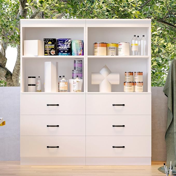 oneinmil 55.5" H 5-Tier Bookshelf with 3 Drawers, White Bookcase with 2-Tier Open Shelves, Tall Book Shelf with Storage Space, Wooden Storage Cabinet for Living Room, Bedroom, Office