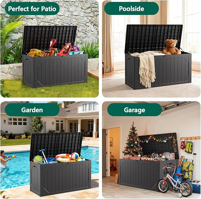 Outdoor Storage Box,100Gallon Deck Box Outdoor Storage Bench Outside Waterproof Resin Storage Bench, Lockable Patio Cushions, Garden Tools Storage For Furniture, UV Resistant(Ebony Black)