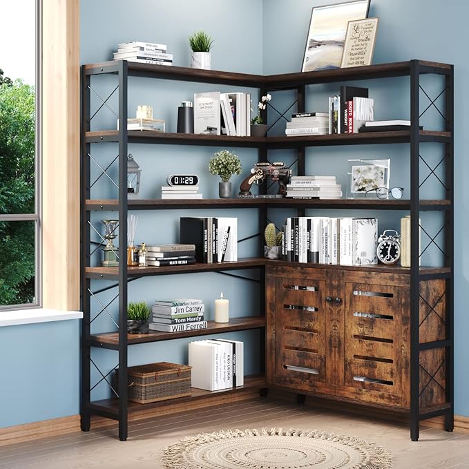 6-Shelf Corner Bookshelf, Vintage Industrial Corner Shelf Etagere Bookcase, Large Book Shelf with Metal Frame Open Storage Corner Cabinet (Brown-Lockers, Large)