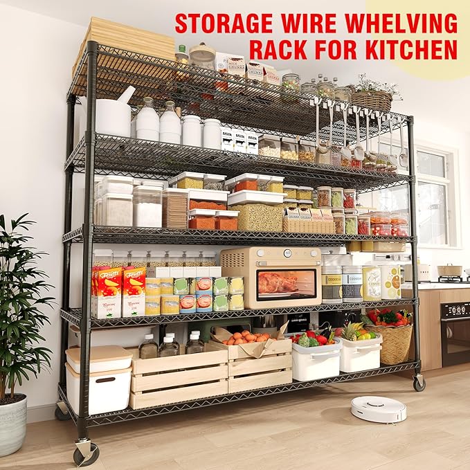 GarveeHome 82"H Storage Shelves with Wheels, 5-Tier Metal Shelving Unit Heavy Duty 3300LBS Load, Adjustable Garage Shelving Wire Rack Shelves, for Pantry Room,Kitchen, Warehouse, Basement,24"D x 59"W