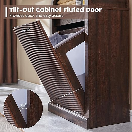 Arch Tilt-Out Trash Can Cabinet, Fluted Kitchen Trash Can 10 Gallon with Open Shelf, Modern Laundry Hamper Cabinet, Hidden Garbage Can with Storage Basket for Living Room, Kitchen Brown
