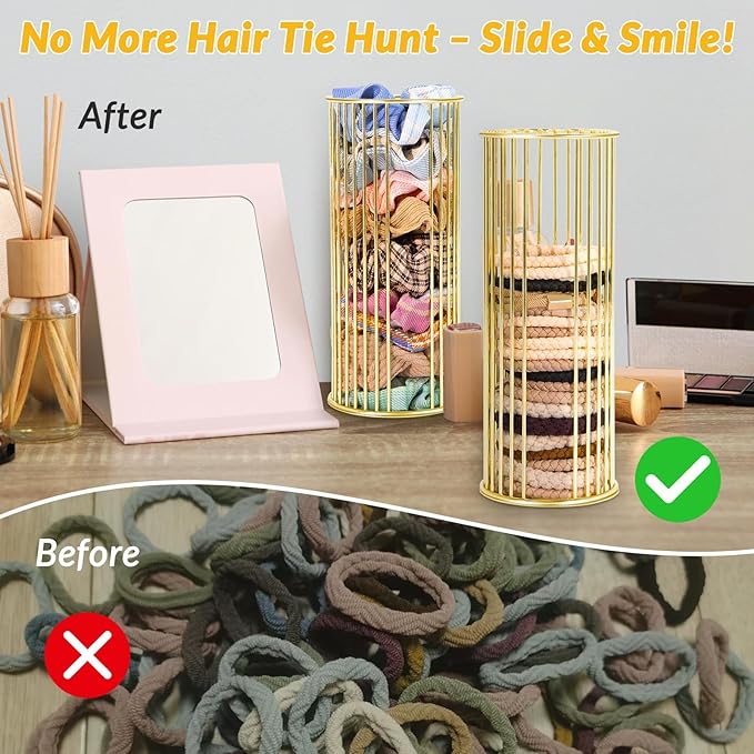 Gold Metal Hair Ties Holder Organizer – Stylish Scrunchie Stand with Side Opening for Easy Access – Countertop Hair Elastics Storage for Women & Girls, Set of 2 (Large & Small)