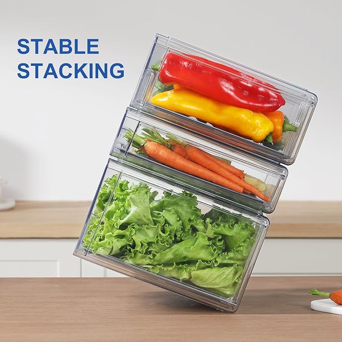 Plastic Clear Fridge Storage Organizer with Drawers & Drainer - Stackable Bins for Kitchen Fruit & Veggie Organization (2PCS, Medium)
